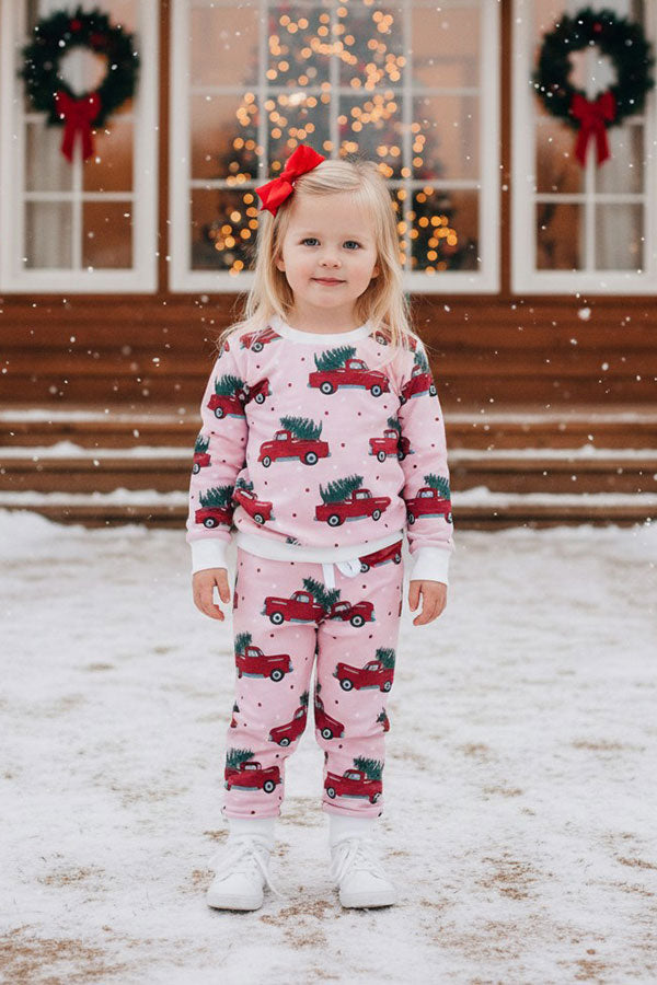 Christmas & truck tree print pink long sleeve sweatshirt & pant girls boutique set 2601110M