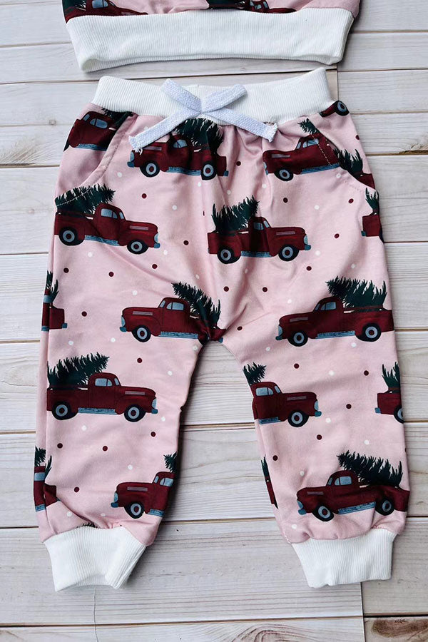Christmas & truck tree print pink long sleeve sweatshirt & pant girls boutique set 2601110M