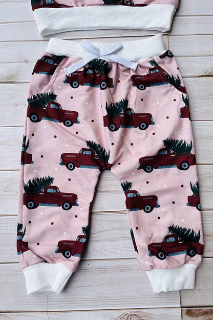 Christmas & truck tree print pink long sleeve sweatshirt & pant girls boutique set 2601110M