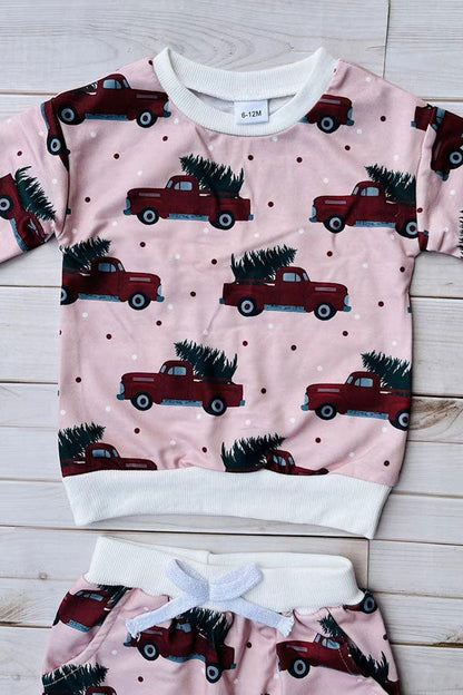 Christmas & truck tree print pink long sleeve sweatshirt & pant girls boutique set 2601110M