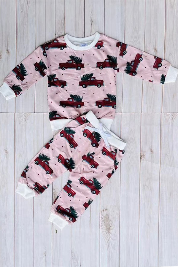 Christmas & truck tree print pink long sleeve sweatshirt & pant girls boutique set 2601110M