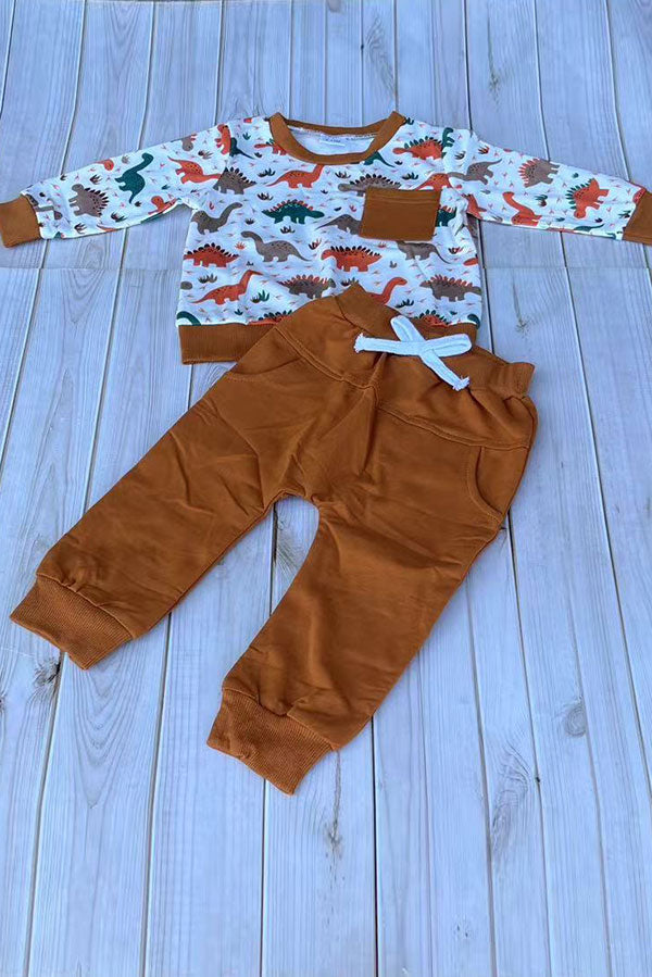 Western dinosaur print top & brown pant 2pc boy's boutique set 2601115M