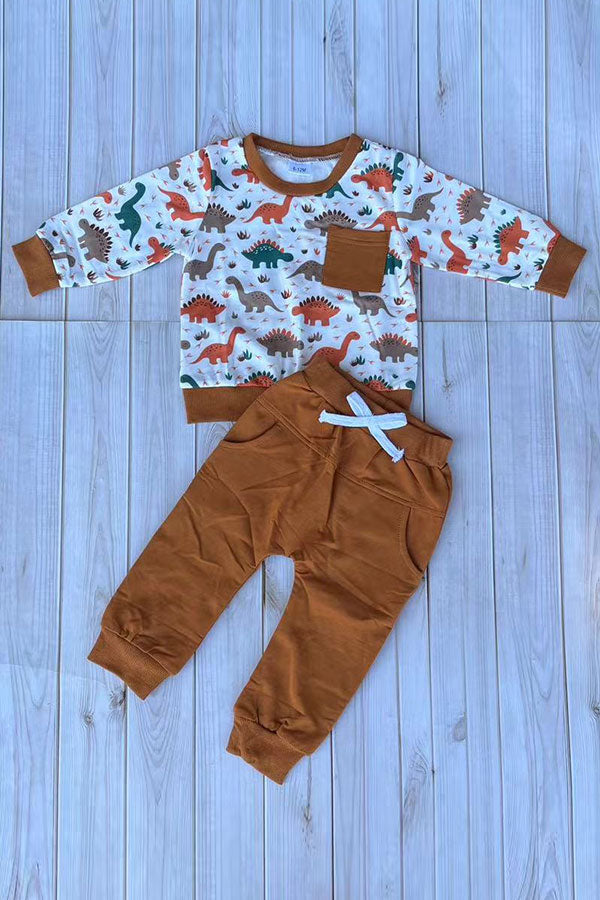 Western dinosaur print top & brown pant 2pc boy's boutique set 2601115M