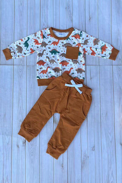Western dinosaur print top & brown pant 2pc boy's boutique set 2601115M