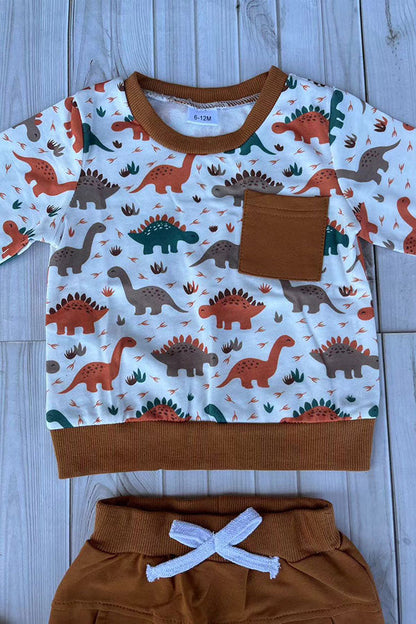 Western dinosaur print top & brown pant 2pc boy's boutique set 2601115M