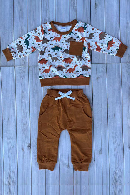 Western dinosaur print top & brown pant 2pc boy's boutique set 2601115M