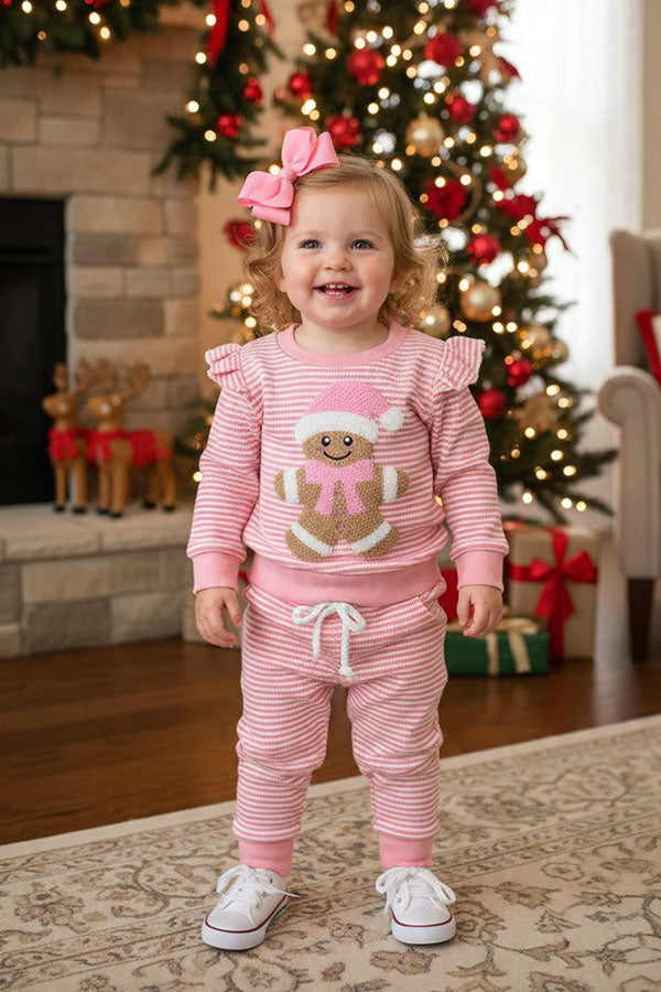 Christmas pink stripe gingerbread top & pant baby girls boutique set 2601117M 7S2
