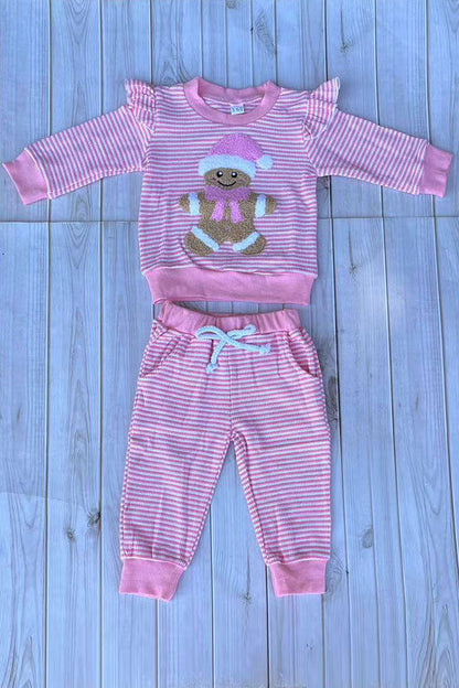 Christmas pink stripe gingerbread top & pant baby girls boutique set 2601117M 7S2