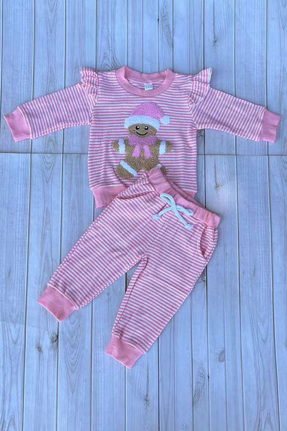 Christmas pink stripe gingerbread top & pant baby girls boutique set 2601117M 7S2