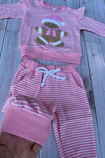 Christmas pink stripe gingerbread top & pant baby girls boutique set 2601117M 7S2