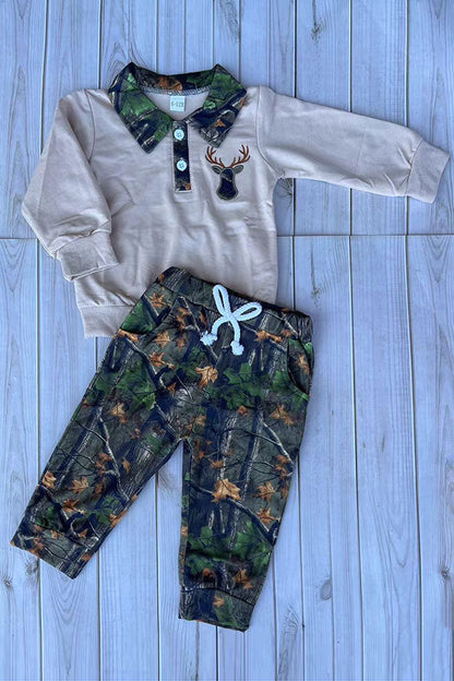 Western deer embroidery beige top & camo pant 2pc boy's boutique set 2601118M
