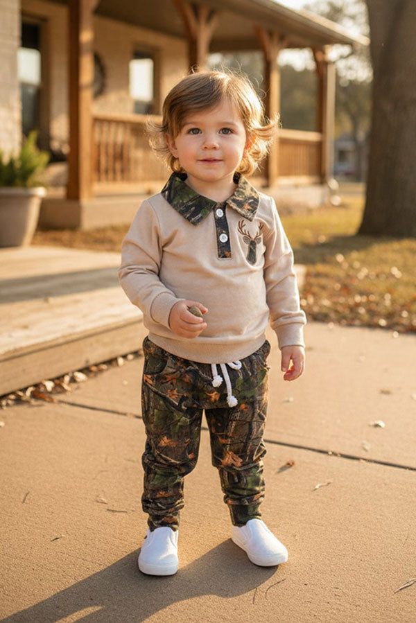 Western deer embroidery beige top & camo pant 2pc boy's boutique set 2601118M