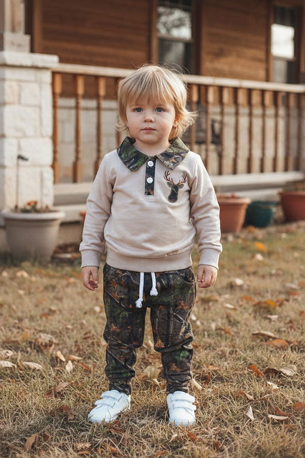 Western deer embroidery beige top & camo pant 2pc boy's boutique set 2601118M