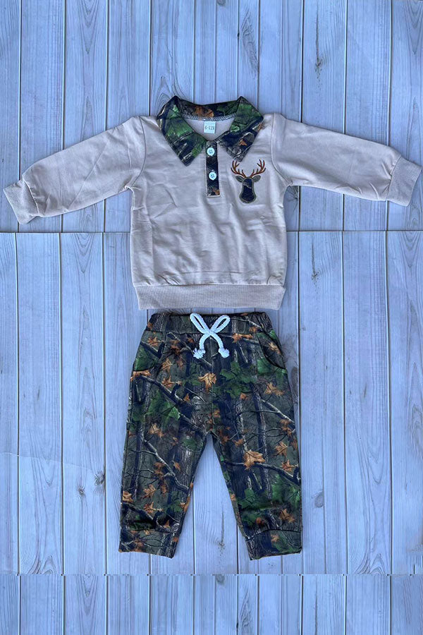 Western deer embroidery beige top & camo pant 2pc boy's boutique set 2601118M