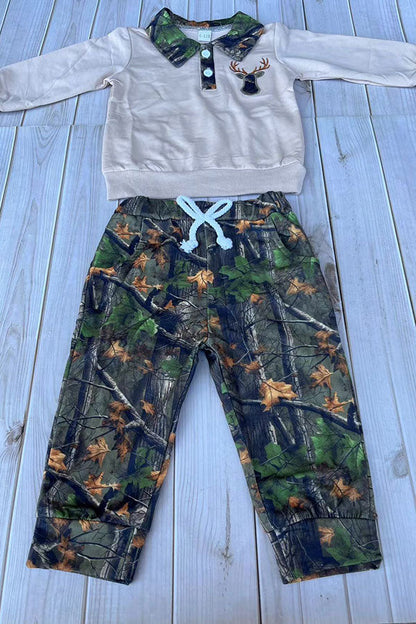 Western deer embroidery beige top & camo pant 2pc boy's boutique set 2601118M