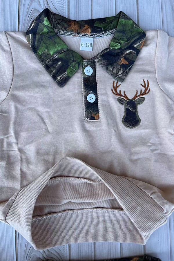 Western deer embroidery beige top & camo pant 2pc boy's boutique set 2601118M