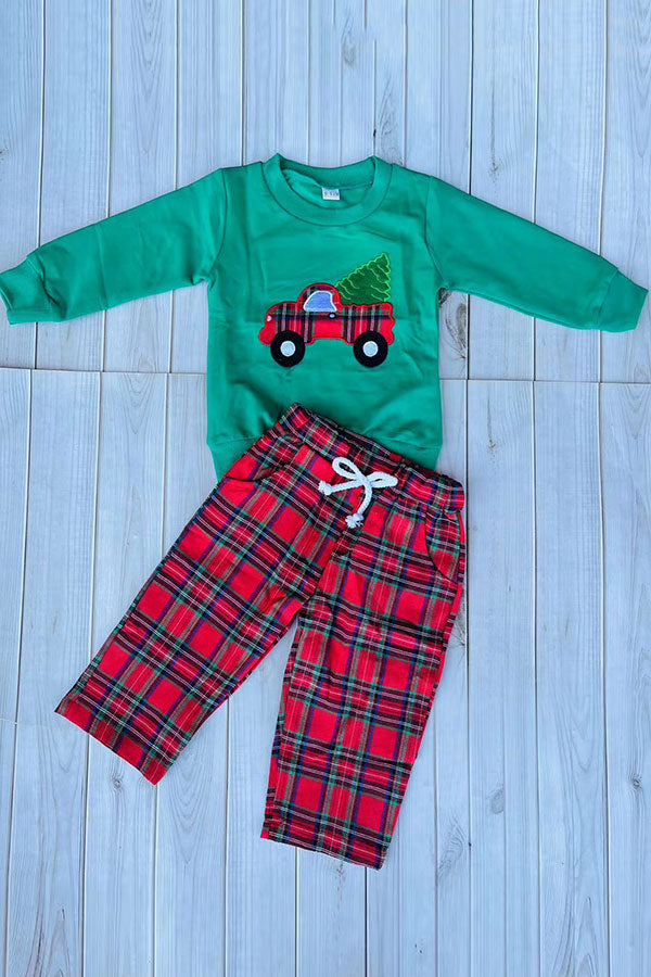 Chrismas truck & tree long sleeve top & pant unisex kids boutique set 2601121M