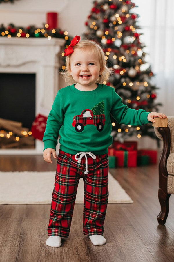 Chrismas truck & tree long sleeve top & pant unisex kids boutique set 2601121M