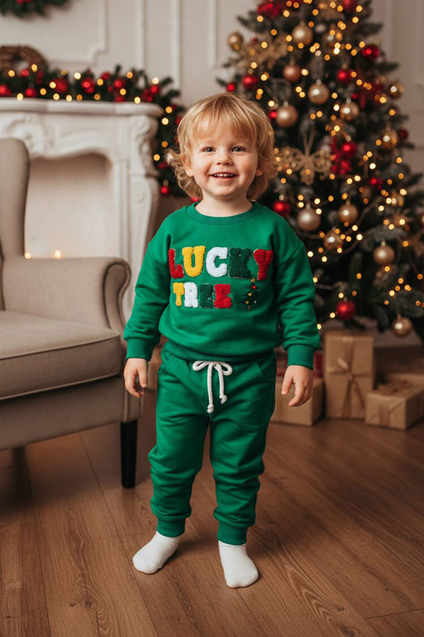 Chrismas LUCKY TREE embroidery top & pant unisex kids boutique set 2601126M 8S5
