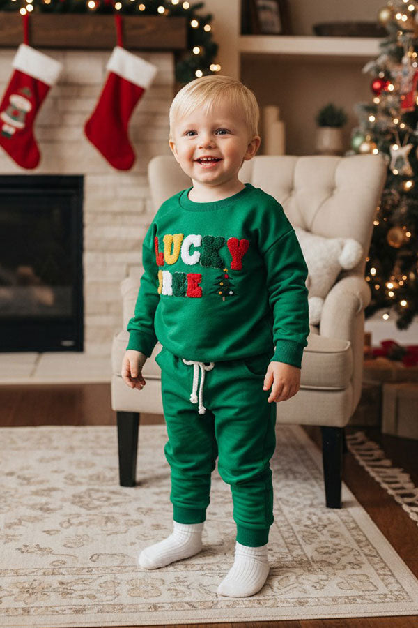 Chrismas LUCKY TREE embroidery top & pant unisex kids boutique set 2601126M 8S5