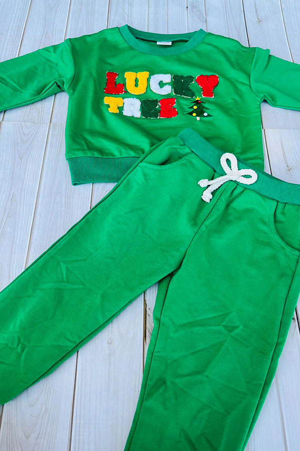 Chrismas LUCKY TREE embroidery top & pant unisex kids boutique set 2601126M 8S5