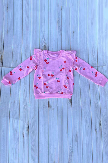 Trendy red cherry & ruffle lace long sleeve girls boutique top 2601127M 10S6