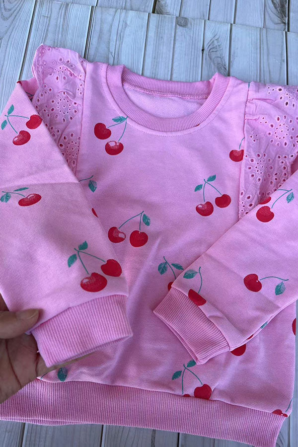 Trendy red cherry & ruffle lace long sleeve girls boutique top 2601127M 10S6