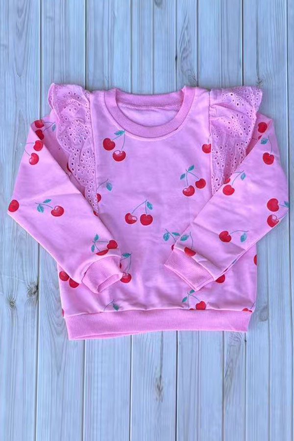 Trendy red cherry & ruffle lace long sleeve girls boutique top 2601127M 10S6