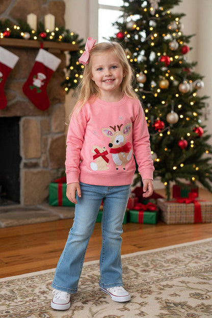 Christmas deer patch pink long sleeve girls boutique top 2601131M 9S7