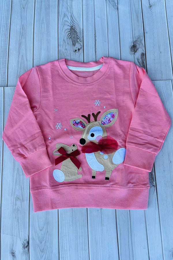 Christmas deer patch pink long sleeve girls boutique top 2601131M 9S7