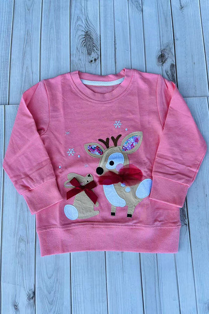 Christmas deer patch pink long sleeve girls boutique top 2601131M 9S7