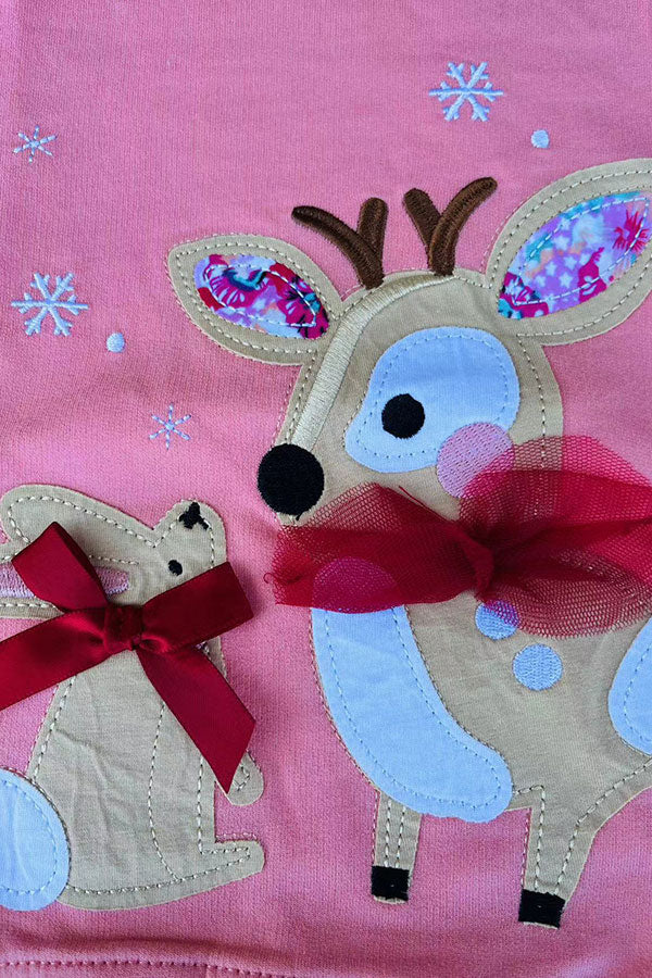 Christmas deer patch pink long sleeve girls boutique top 2601131M 9S7