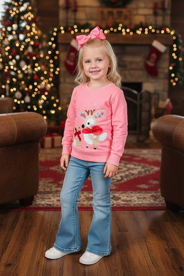 Christmas deer patch pink long sleeve girls boutique top 2601131M 9S7