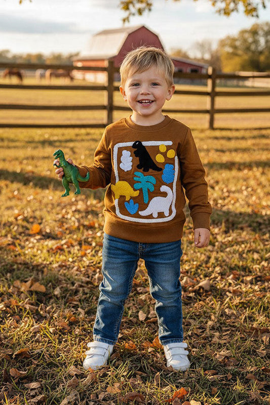 Western dinosaur patch brown long sleeve boy's boutique top 2601132M 15S2