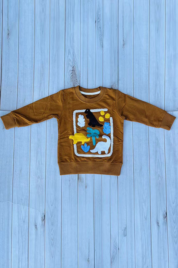 Western dinosaur patch brown long sleeve boy's boutique top 2601132M 15S2