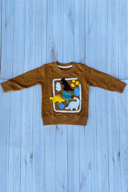Western dinosaur patch brown long sleeve boy's boutique top 2601132M 15S2