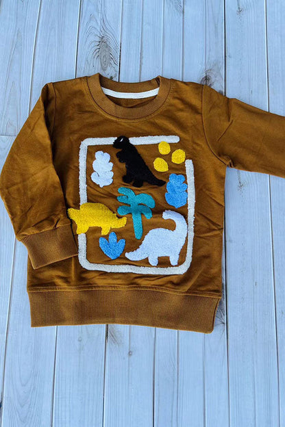 Western dinosaur patch brown long sleeve boy's boutique top 2601132M 15S2