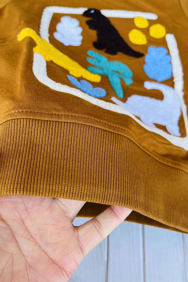 Western dinosaur patch brown long sleeve boy's boutique top 2601132M 15S2