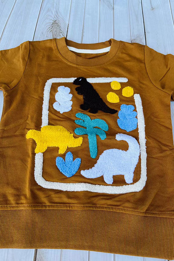 Western dinosaur patch brown long sleeve boy's boutique top 2601132M 15S2