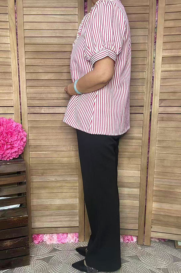 Southern Stitch Striped puff short sleeve ruffles front women top XCH16896
