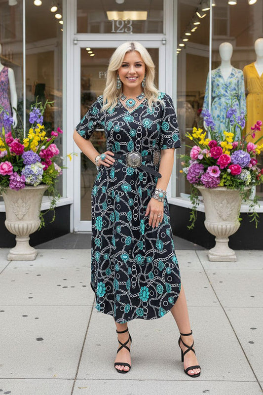 Southern Stitch Western jewels printed short sleeve women dress w/side slits XCH17103