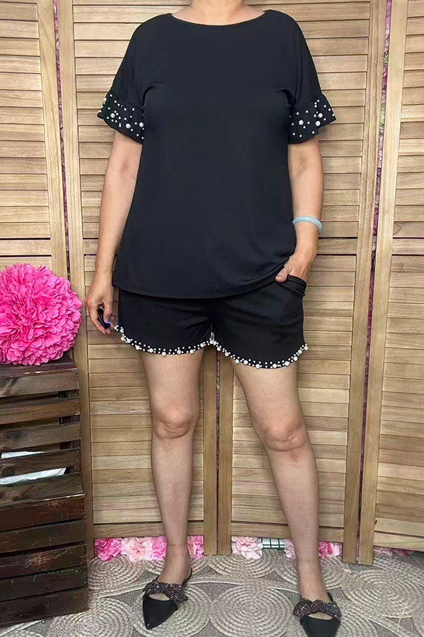 Southern Stitch Pearls black short sleeve top & shorts 2pc women set XCH17174