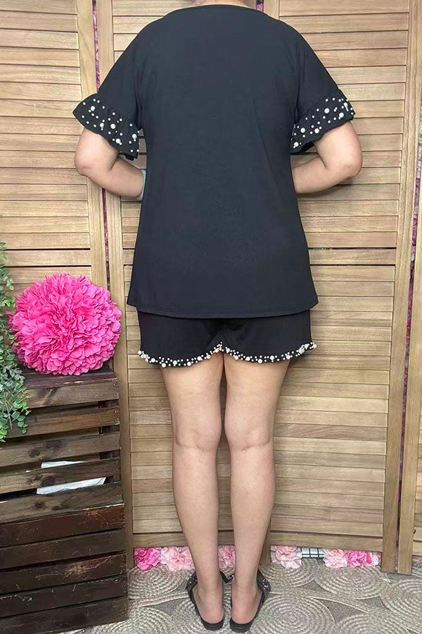 Southern Stitch Pearls black short sleeve top & shorts 2pc women set XCH17174