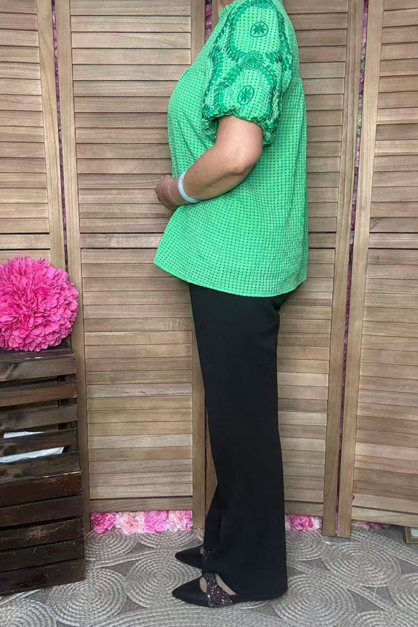 Southern Stitch Green embroidery puff short sleeves women blouse XCH16815