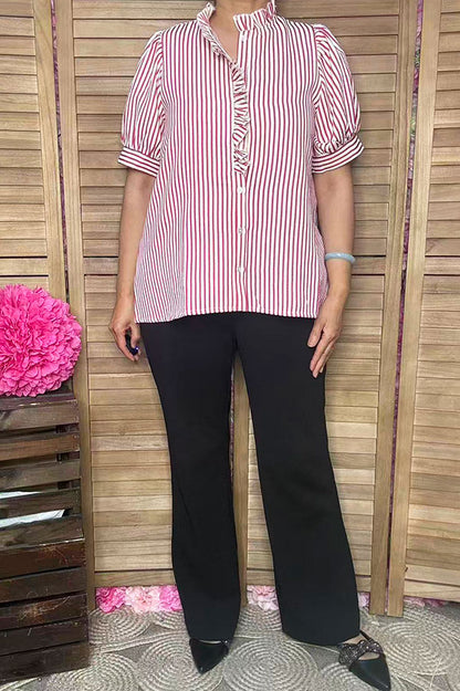 Southern Stitch Striped puff short sleeve ruffles front women top XCH16896