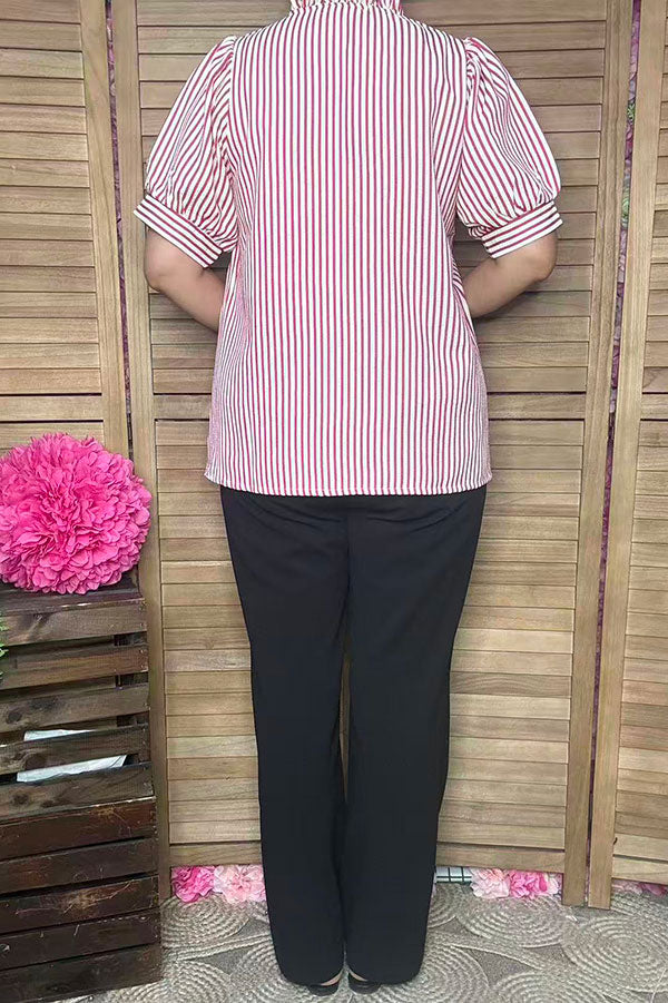 Southern Stitch Striped puff short sleeve ruffles front women top XCH16896
