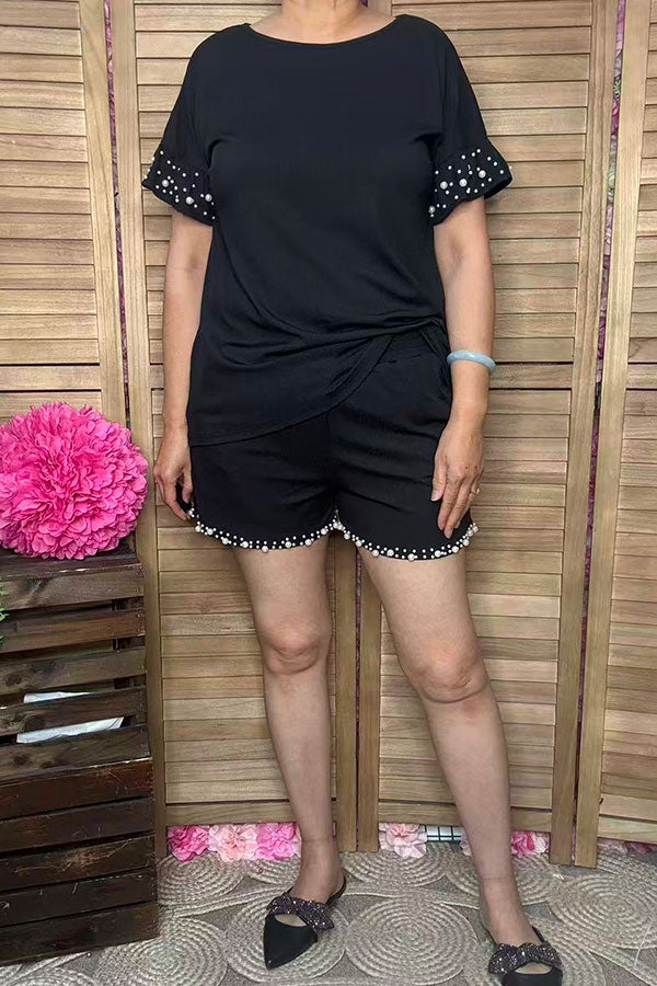 Southern Stitch Pearls black short sleeve top & shorts 2pc women set XCH17174
