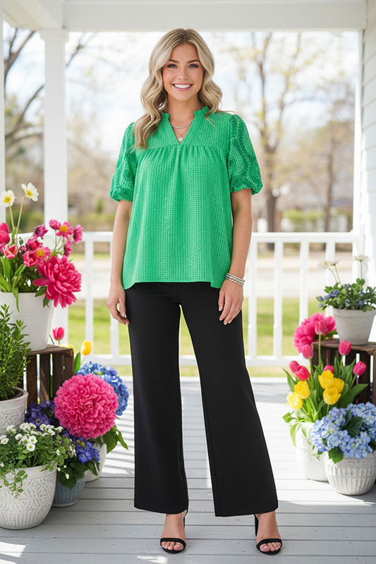 Southern Stitch Green embroidery puff short sleeves women blouse XCH16815