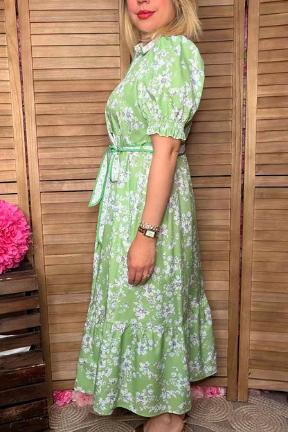 Southern Stitch Green floral printed maxi women dress w/belt GJQ17013