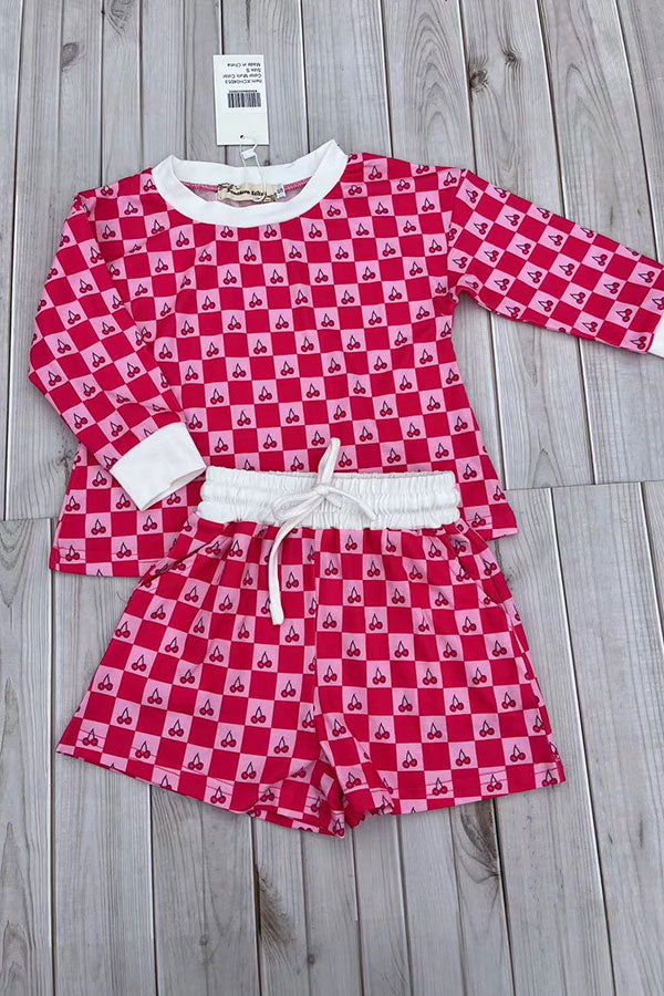 Checkered & Cherry printed long sleeve top & Shorts 2pc girls set XCH04053